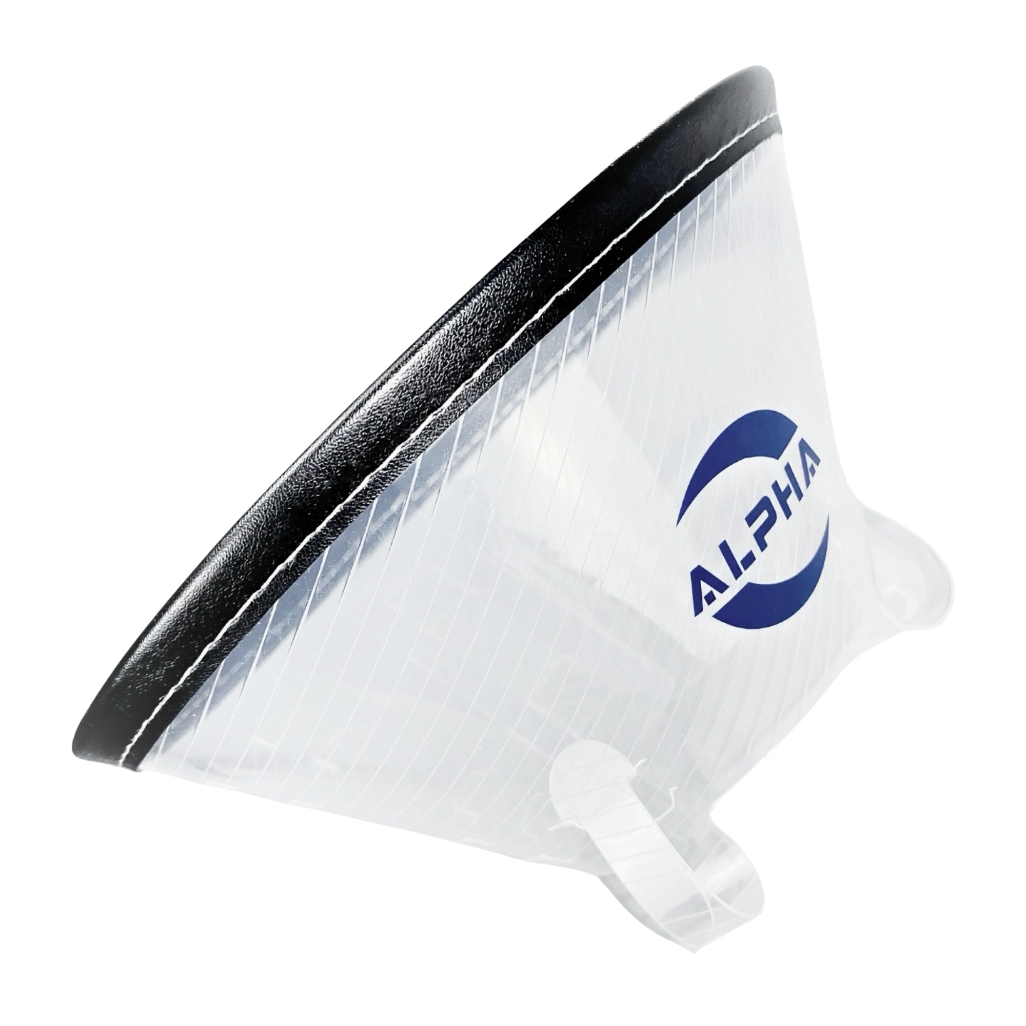 Installed Click-style Elizabethan collar, tilted at an angle, with leather edging around it, printed with the alphamedpro logo.